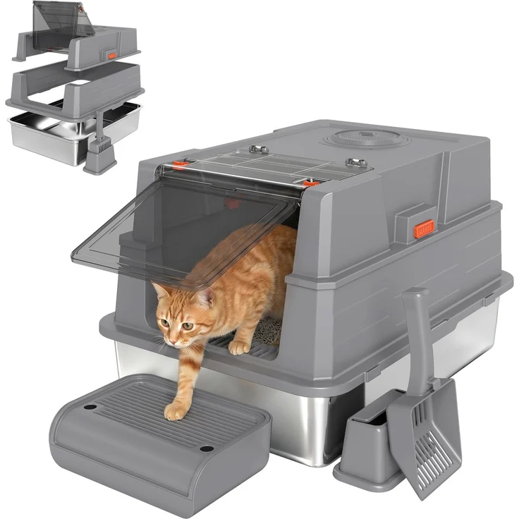 PawHut Katzenklo, Edelstahl, ABS, Grau, 70L x 50B x 43H cm – Bild 1