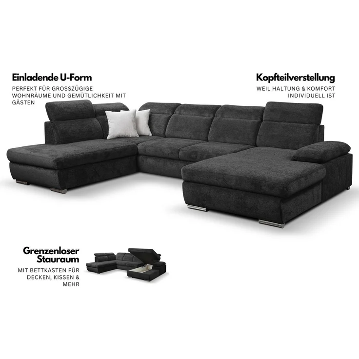 WERK2 Wohnlandschaft Cordoba inkl. Bett & Bettkasten, Kopfteilverstellung, zeitlos, bequem, Struktur weich, U-Form, XXL, Schlaffunktion, Bettkasten – Bild 3