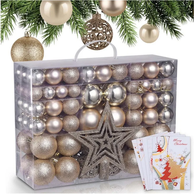 Onbest Weihnachtsbaumkugel Weihnachtskugeln Set 128-teilig Grün mit Stern-Baumspitze, 3 Größen, matt glänzend glitzernd, nahezu bruchsicher