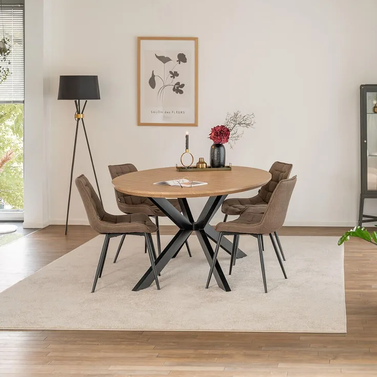 HOME DELUXE Essgruppe Oval inkl. Sternfuß - 200 x 120 cm Fishbone Oak 4 Stühle Grau / Braun