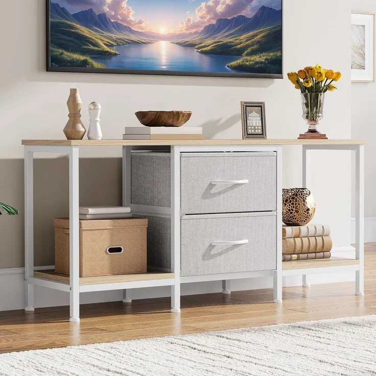 YITAHOME TV Schrank für bis zu 47 Zoll Fernseher, Fernsehtisch Mediaschrank mit 2 Stoffschubladen & 2 Ablagefächern, 110 x 30 x 50 cm Stahlgestell TV Lowboard für Wohnzimmer & Schlafzimmer – Bild 2