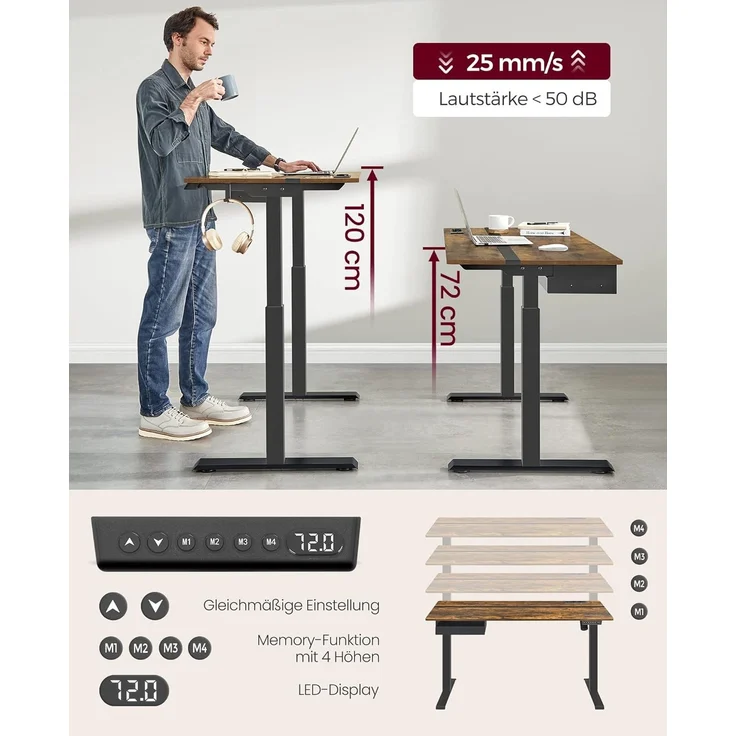 Vasagle Höhenverstellbarer Schreibtisch elektrisch, mit Steckdose und Schublade, stufenlos verstellbar, Memory-Funktion mit 4 Höhen, vintagebraun-schwarz, Tischoberfläche 60x120 cm – Bild 3