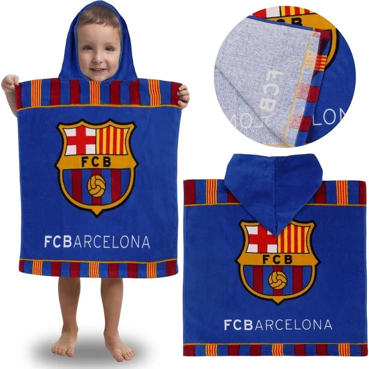 Sarcia. eu Kapuzenhandtuch FC Barcelona Kinder-Poncho 50x100 cm, 100% Baumwolle, mit Kapuze