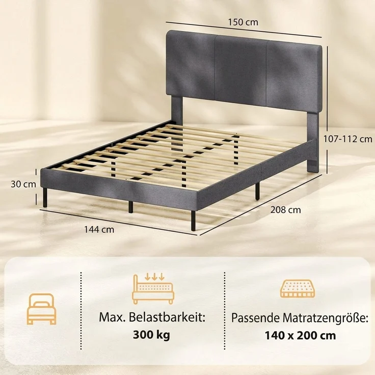 HOMCOM Bettgestell, Polyester, Sperrholz, Dunkelgrau, 150 x 208 x 112 cm – Bild 3