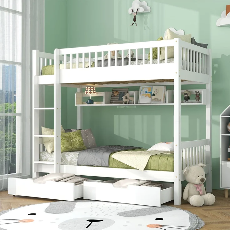 Merax Etagenbett, Kinderbett, mit 3-tufige rechtwinklige Leiter, Links oder rechts montierbare Treppe, mit Fallschutzgitter, Regale und MDF-Schubladen, Kiefernholzrahmen, Weiß, 90x200cm – Bild 1