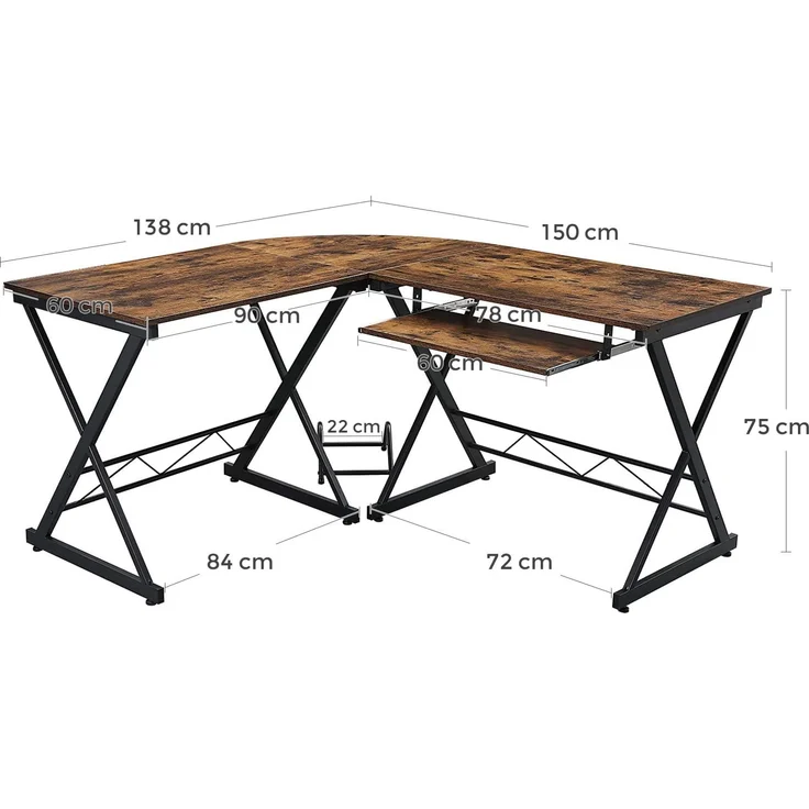 Vasagle Schreibtisch, großer Computertisch, L-förmiger Eckschreibtisch, Bürotisch, PC-Tisch, Homeoffice, Büro, platzsparend, einfache Montage, 150 x 138 x 75 cm, vintagebraun-schwarz LCD402B01 – Bild 6