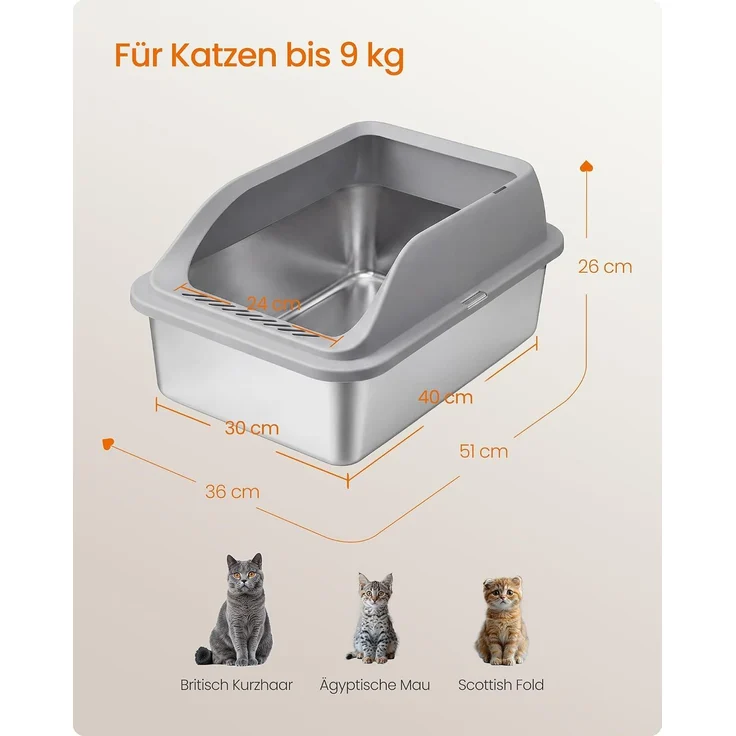 FEANDREA Edelstahl Katzenklo XXL Offen mit Hohem Rand und Spritzschutz 51 x 36 x 26 cm Taubengrau – Bild 6