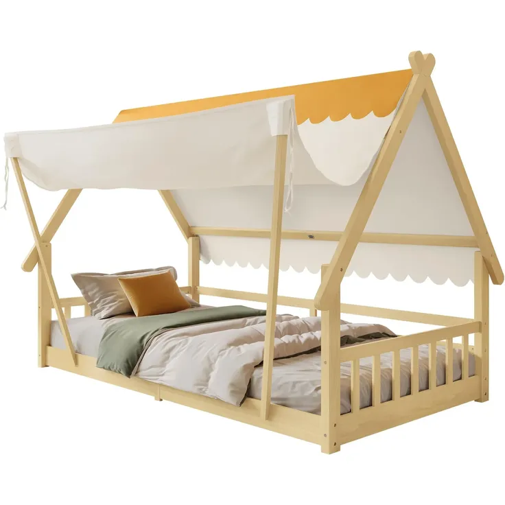 Hausbett mit Lattenrost und Zelt, 90x200 cm, Kinderbett mit Zaun, Holzbett, Einzelbett, Kiefer