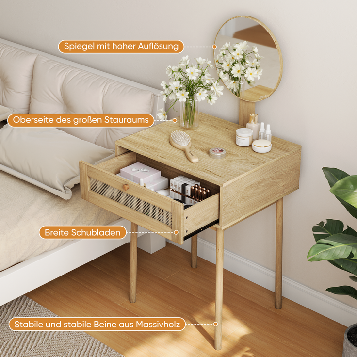 Schminktisch mit rundem Spiegel und Schubladen, 60x50x128 cm, Eiche – Bild 7