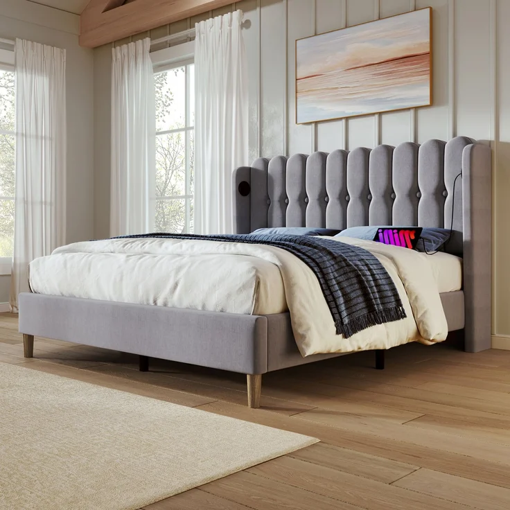 Einzelbett 160x200 cm Grau Leinen mit USB & Type-C Ladeanschluss,gepolstertes Kopfteil,Design-Paneel,stabiler Rahmen – Bild 4