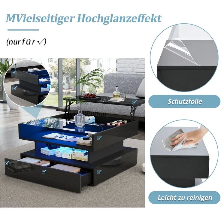 Abrihome Couchtisch mit 360° drehbarer Tischplatte und Anhebbarer, Schwarz, 45x80x80 cm – Bild 5