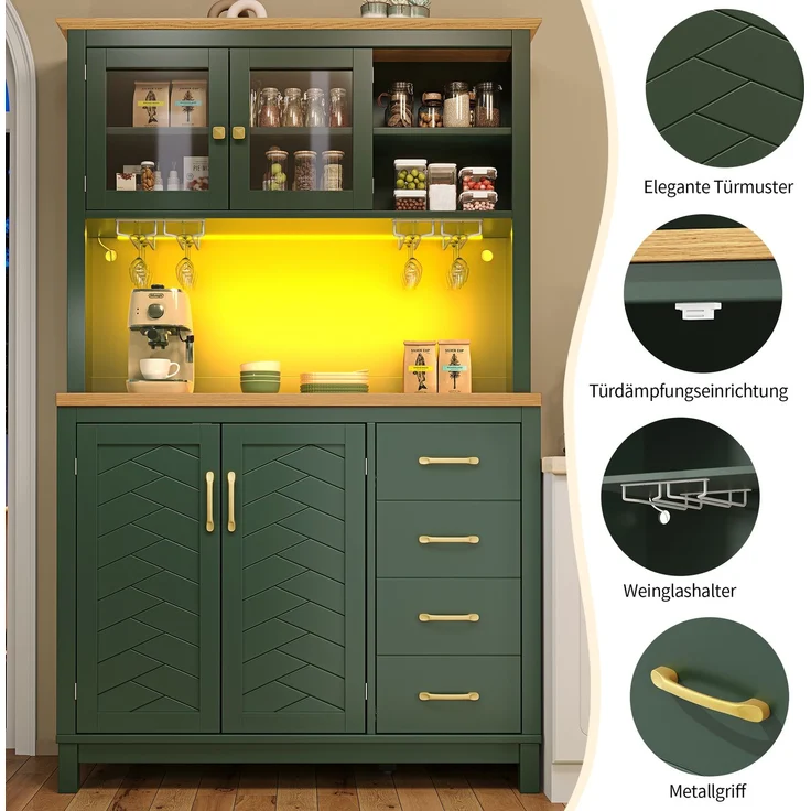 EINHOM Seitenboard / Aufbewahrungsschrank / Küchenschrank / Buffetschrank, 105.5 x 40 x 180 cm, Landhausstil, 4 Türen, mit LED-Lichtleiste & Getränkehaltern, Grün/Schwarz/Weiß, Grün – Bild 7