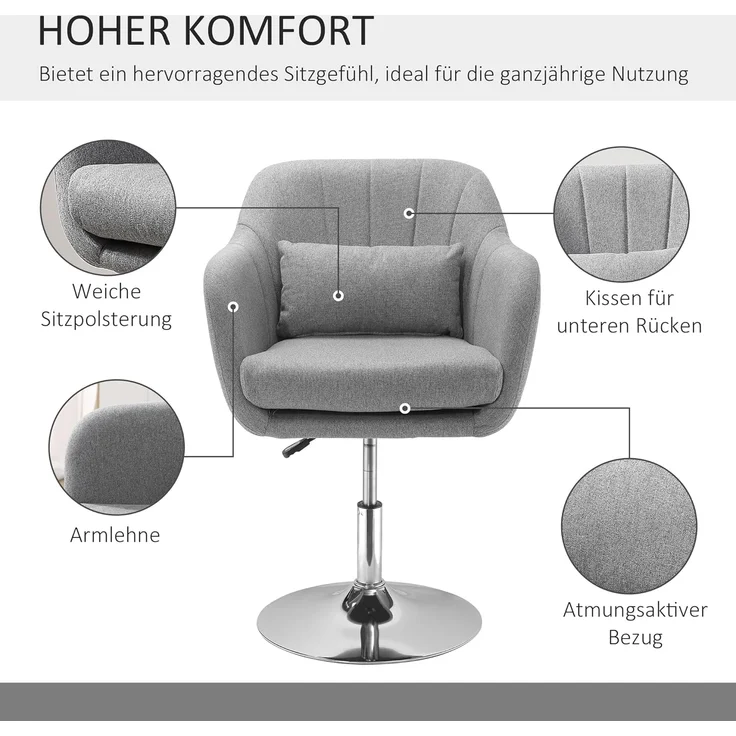HOMCOM Relaxsessel höhenverstellbarer Bürostuhl (Drehhocker, 1-St, Arbeitshocker mit Lendenwirbelstütze), Stahl, Grau, 60 x 60 x 79-91 cm – Bild 6