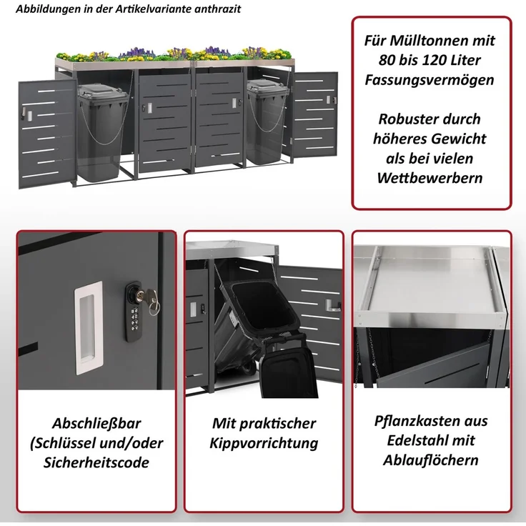 4er-Mülltonnenverkleidung HWC-H40, Mülltonnenbox, Pflanzkasten Edelstahl-Metall-Kombi 92kg 125x264x84cm erweiterbar – Bild 2
