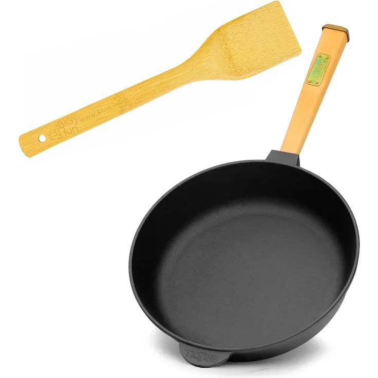Gusseisenpfanne 24 cm Bratpfanne aus Gusseisen tief Induktion Holzgriff Schmortopf Pfanne