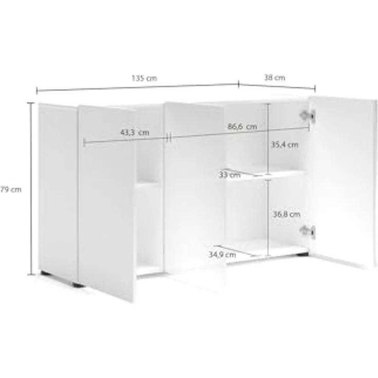 Dmora - Kommode Polokwane, Wohnzimmerbuffet, Wohnzimmer-Sideboard, Moderne Küchen-Speisekammer, Made in Italy, 135x38h79 cm, Glänzendes Weiß – Bild 2