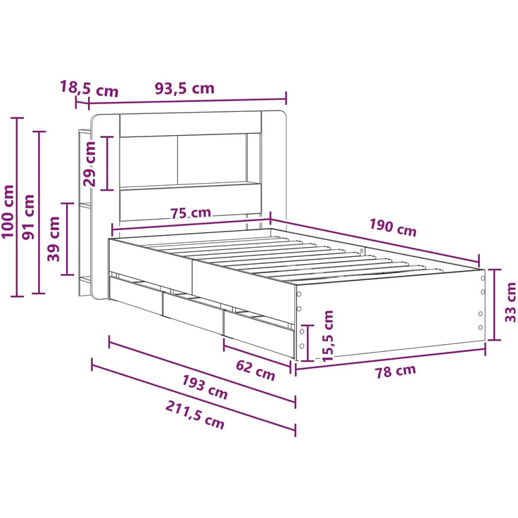 vidaXL Bettgestell mit Stauraum und Kopfteil Sonoma-Eiche 75 x 190 cm 3433995 – Bild 11