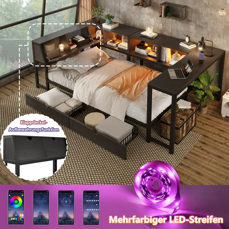 U-life Metallbett 90x200 cm, für Jugendliche, LED-Beleuchtung, Schreibtisch & Schubladen, Multifunktionales bett, MDF, Schwarz – Bild 4