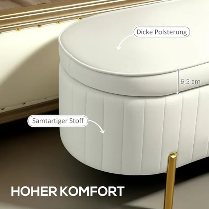 HOMCOM Sitzbank mit Klappdeckel und Stauraum (Sitztruhe, 1-St, Stoffbezug), Holz, Metall, Cremeweiß+Golden – Bild 5