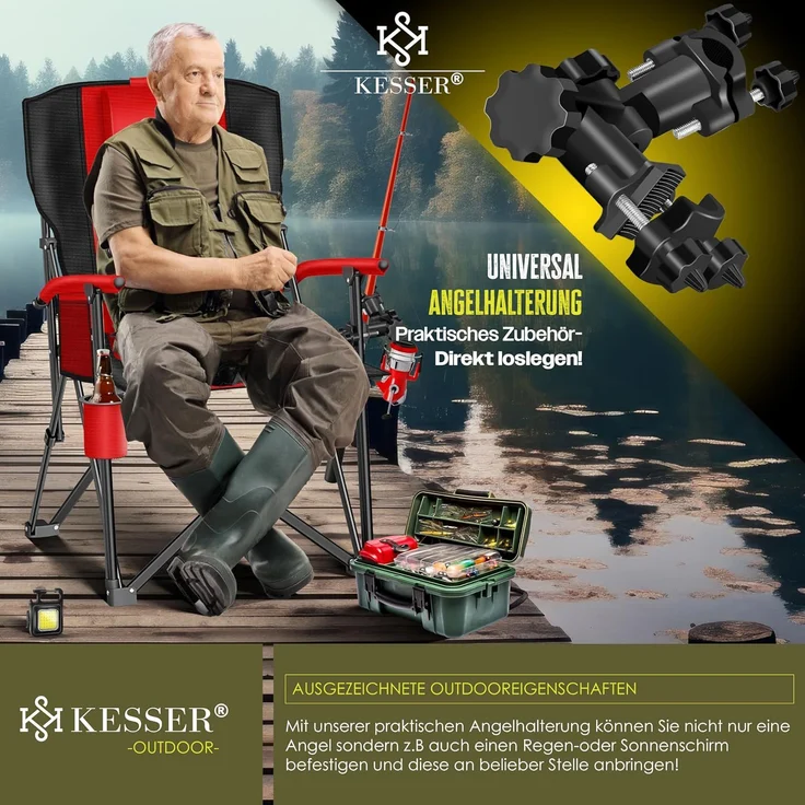 KESSER® Campingstuhl faltbar bis 160 kg, Klappstuhl, Gepolstert mit Armlehnen, Campinglicht und Getränkehalter + Tasche mit hoher Rückenlehne, mit Angelhalterung, Rot / Schwarz, 95 x 65 x 59 cm – Bild 5