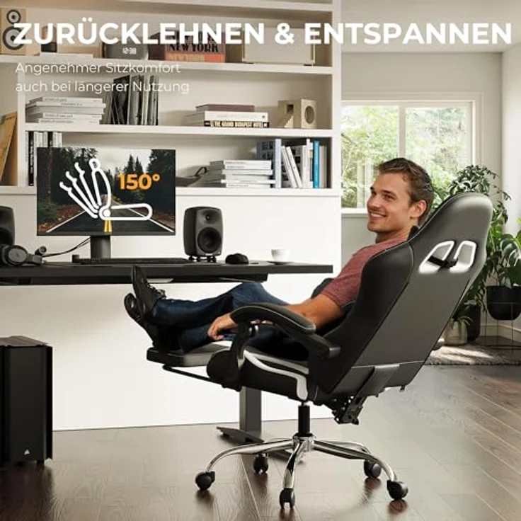 Dowinx Gaming Stuhl, Ergonomischer Gamer Stuhl für Büro und Home Office, Verstellbarer Bürostuhl mit Rückenlehne bis 150°, mit Fußstütze, Belastbar bis 180 kg, Weiß – Bild 5
