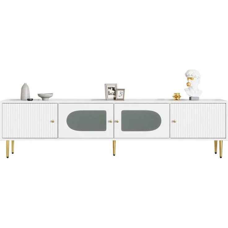 BlingBin TV-Schrank TV-Board,TV-Unterschrank (1er Set, 1-St, 170*35*50cm TV-Schrank,2Türen mit Vertikalrillen,2 Türen mit Bogenglas) Weißer Korpus mit Goldenen Beinen & Griffen, 35KG Tragkraft,TV-Schrank – Bild 5