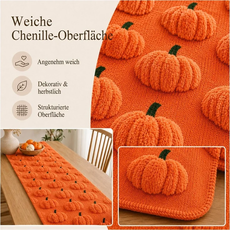 JASLIFE Tischläufer 3D Kürbis Herbstdeko (Einzelartikel, 1 Tischläufer), 3D-Kürbis-Motiv, flauschige Oberfläche, strukturierte Oberfläche – Bild 3