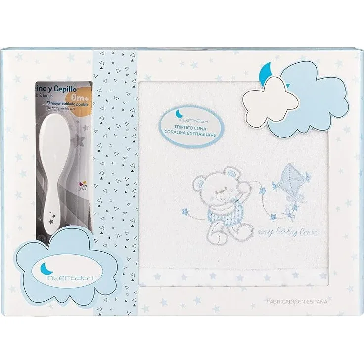 Interbaby Bettwäsche Set für Babybett - Modell"Baby Love" in Weiß und blau mit Geschenkset Kämme, Baby Love Bco Blau
