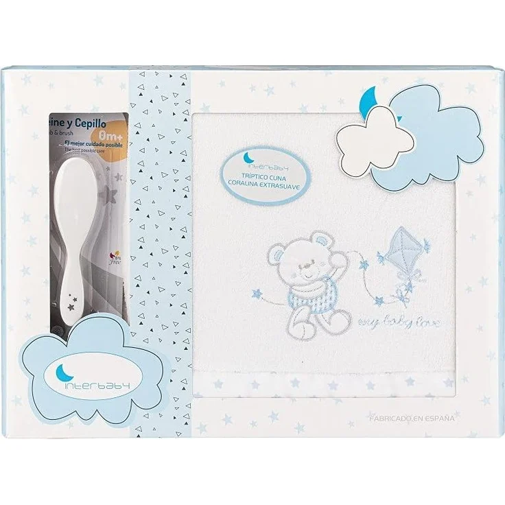 Interbaby Bettwäsche Set für Babybett - Modell"Baby Love" in Weiß und blau mit Geschenkset Kämme, Baby Love Bco Blau