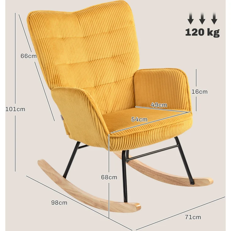 Schaukelsessel mit Tufting-Lehne Kord Bezug 120 kg Tragkraft Eleganter Relaxsessel,Gelb – Bild 7