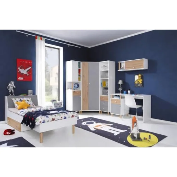 Jugendzimmer Farin in Weiß, Eiche Artisan & Grau – Modern mit Massivholz-Füßen, in verschiedenen Set-Varianten oder als Einzelmöbel für Kinder & Jugendliche - 7 teilig , Eckkleiderschrank · Standregal mit Türen · Standregal mit Schubkästen · Schreibtis...