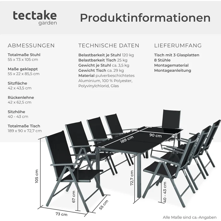 tectake® Aluminium Sitzgruppe 8+1, Gartenmöbel Set mit Stuhl und Tisch, klappbare Gartenstühle, Gartentisch mit Sicherheitsglas, wetterfeste Terrassenmöbel, für Garten Terrasse Balkon - anthrazit – Bild 6