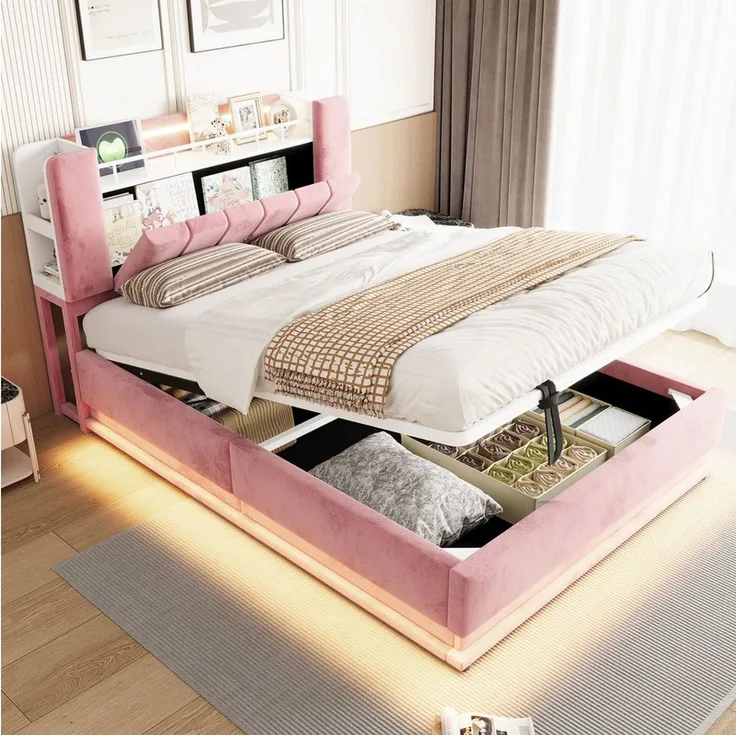 Merax Polsterbett mit LED-Beleuchtung und USB-Anschluss (Metalllattenrahmen & Samtbezug, 1-tlg, Kinderbett Einzelbett Mehrzweckbett Stauraumbett), Doppelbett 140×200cm mit hydraulischem Stauraum & Kopfteilfach, Samt