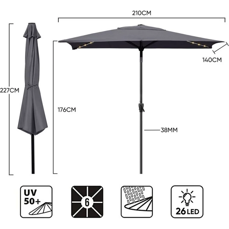 Sekey Aluminum Solar-Sonnenschirm mit LED-Beleuchtung 210x140 cm, UV50+ Rechteckiger Balkon-Garten-Schirm, Solarlampe & Kurbelsystem – Bild 3