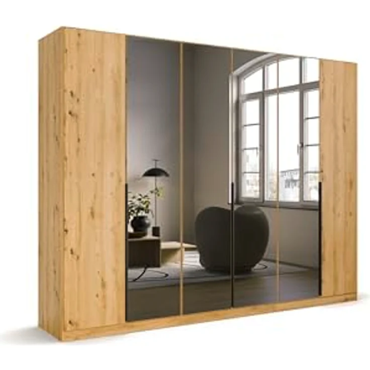 Rauch Möbel Skyla, Kleiderschrank für Schlafzimmer, Kinderzimmer, Jugendzimmer, Garderobe, Flur, 6-türig mit Grauspiegel, Griffstangen Grau metallic, Farbe Eiche Artisan, Holz, Maße 271 x 210 x 54 cm – Bild 3