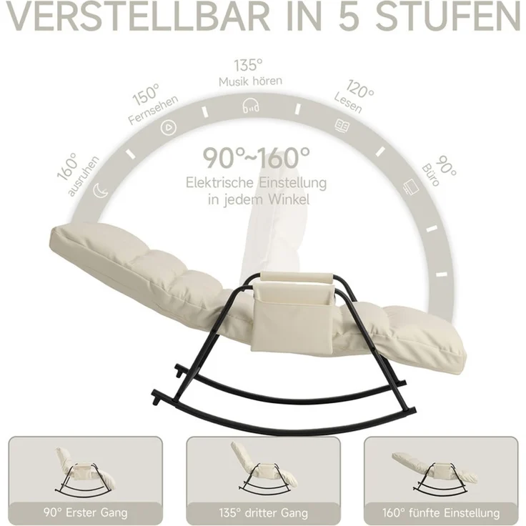 Home Nature Wohnkonzept Schaukelstuhl mit 5-fach verstellbarer Rückenlehne, Ergonomischer Relaxsessel, Lesesessel bis 160 kg, 104×56×93,5 cm, Kunstleder Cremeweiß – Bild 3
