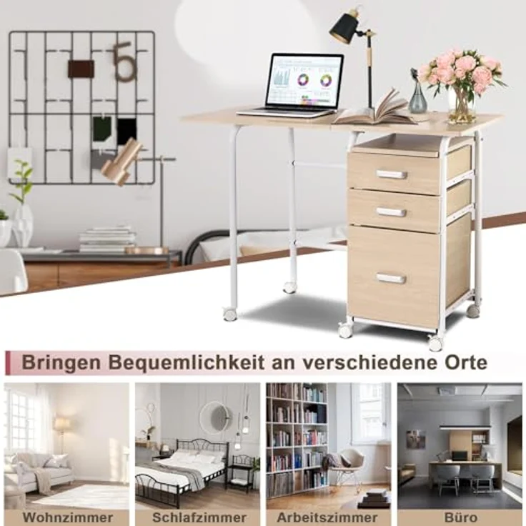 FANTASK Schreibtisch, Klappbarer Bürotisch mit Metallrahmen, Klappschreibtisch mit 3 Schubladen & Rollen, platzsparender Computertisch für kleine Räume, 105 x 50 x 75 cm (Natur) – Bild 8
