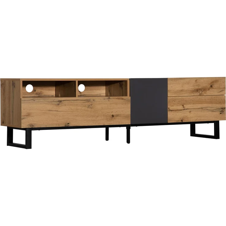 TV-Schrank 180 cm Eiche und Anthrazit, modernes Lowboard mit Flügeltür, Schubladen und offenen Fächern – Bild 6