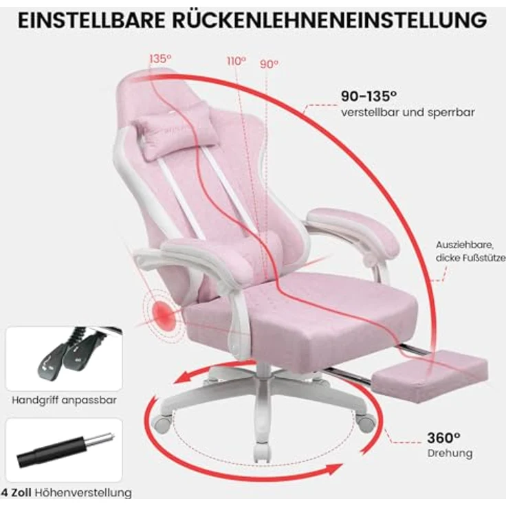 GTPLAYER Gaming Stuhl Stoff, Gaming Sessel mit Taschenfederkissen, ergonomischer Drehstuhl, Gamer Stuhl mit Fußstütze150 kg Belastbarkeit, pink-weiß – Bild 4
