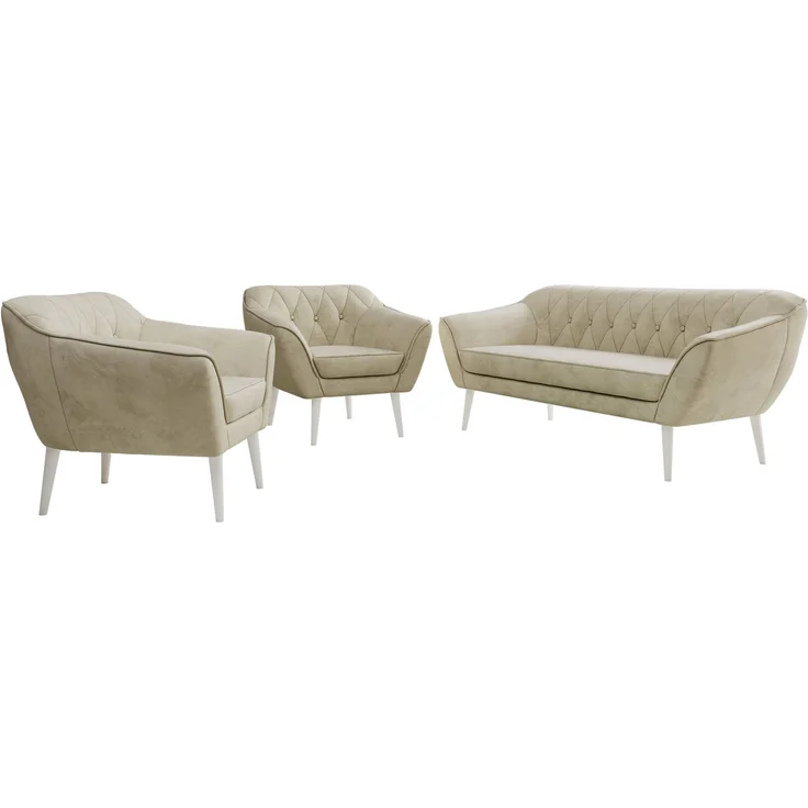 Wohnzimmerset PIRS 1-1-3, Skandinavisches 3-Sitzer Sofa mit Sesseln, Sofa mit Wellenfederung, weiße Füße, Skandinavisches Möbelset - Beige Velvet – Bild 6