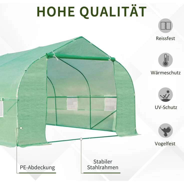 MELAYR, Gewächshaus ca. 6 x 3 x 2 m Foliengewächshaus mit Rollbar Reißverschlusstür 8 Netzfenster Stützstangen, Grün – Bild 6