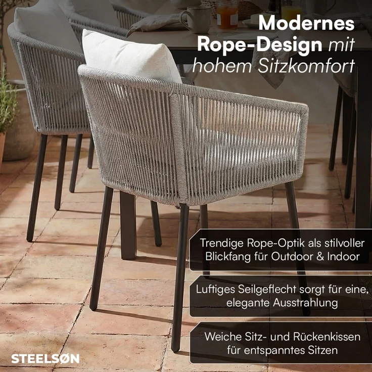 STEELSØN 'Nair' Polyrattan Gartenstuhl, 4er-Set, hellgrau, wetterfest & UV-beständig, Balkonstühle bis 160 kg belastbar, Gartensessel inkl. Kissen – Bild 7