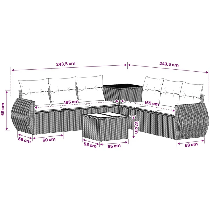 vidaXL Sofa Set 8 stk. Schwarz und Blau Polyrattan und Stahl 3448424 – Bild 11