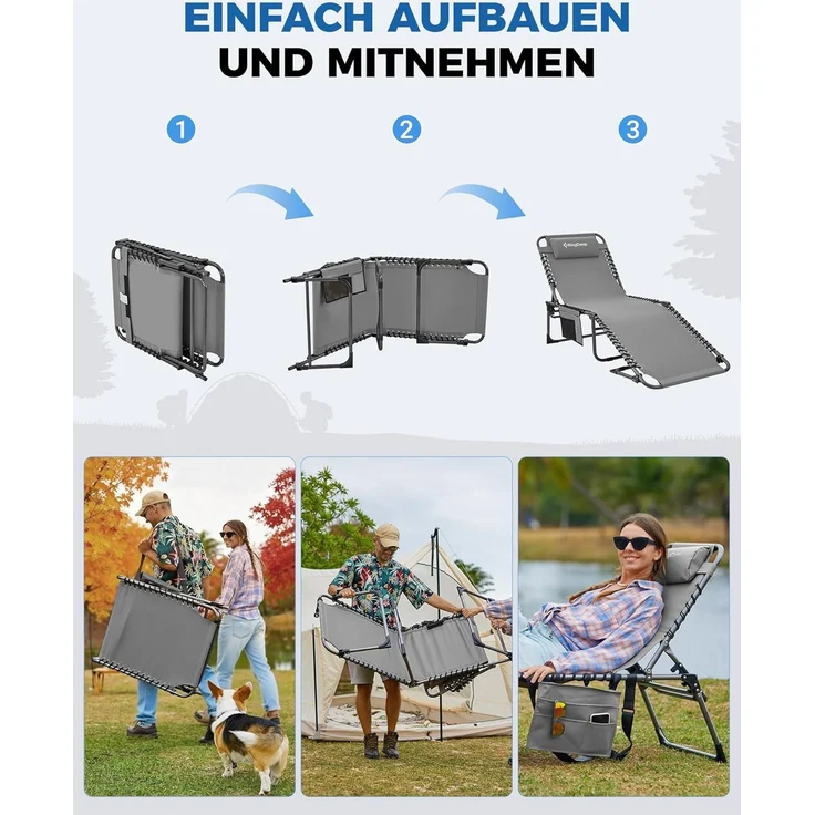 KingCamp Sonnenliege Klappbar 2er Set Gartenliege Campingliege 5-Stufig Verstellbarer Rückenlehne Liege Gartenstuhl Strandliege Camping Klappbett mit Kopfkissen für Garten Urlaub Outdoor Strand Pool – Bild 7