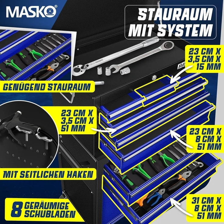 MASKO® Werkstattwagen inkl. Koffer, 9 Fächer, Abschließbar, Massives Metall, Werkzeug-Wagen ohne Werkzeug, Rollwagen zur Werkzeugaufbewahrung, mit Schloss, Blau – Bild 4