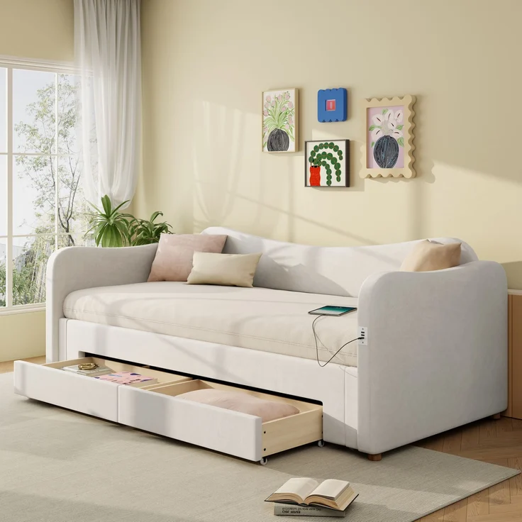 ZUBALIYA Schlafsofa 90 x 200 cm mit Schubladen, USB-Anschluss, gepolstertem Kopfteil, Samt, Beige – Bild 3