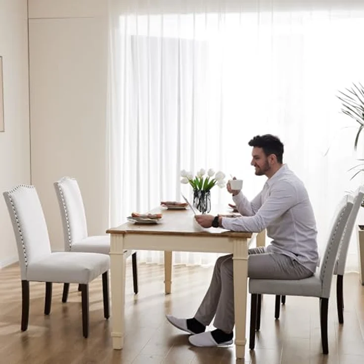 Sweetcripy Esszimmerstühle 2er-Set, hochwertiger gepolsterter Esszimmerstuhl aus Leder mit Nagelkopfbesatz und Holzbeinen, Esszimmerstuhl für Schlafzimmer, Wohnzimmer, Esszimmer, Grau – Bild 3