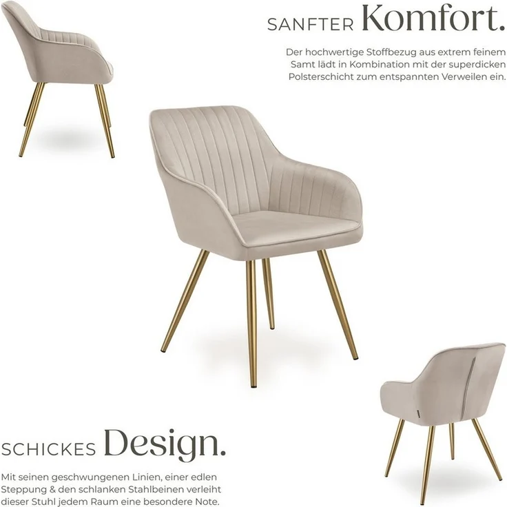 tectake Esszimmerstuhl Stuhl Marilyn, Samtoptik, gesteppt (Set, 6 St), Extra weicher Samtbezug mit stilvollem Steppmuster – Bild 2