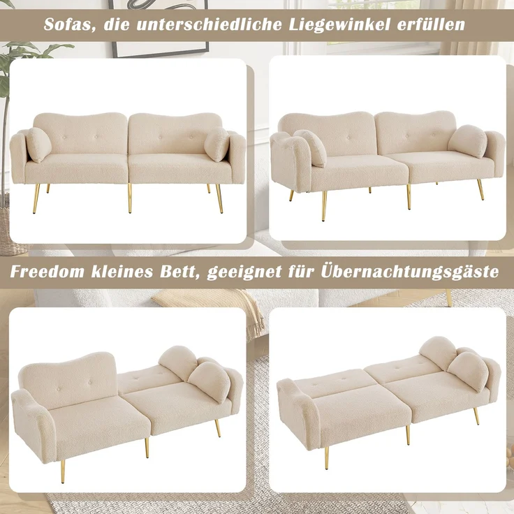 Wohnora-[Schlaffunktion]Zweisitzer-Sofabett - Modernes Zweisitzersofa mit verstellbarer Rückenlehne + vergoldeten Metallfüßen, integrierter Bettfunktion Multifunktionales 2-in-1-Möbelstück,H 82cm x T 175cm x B 79cm,Beige+Natur – Bild 4