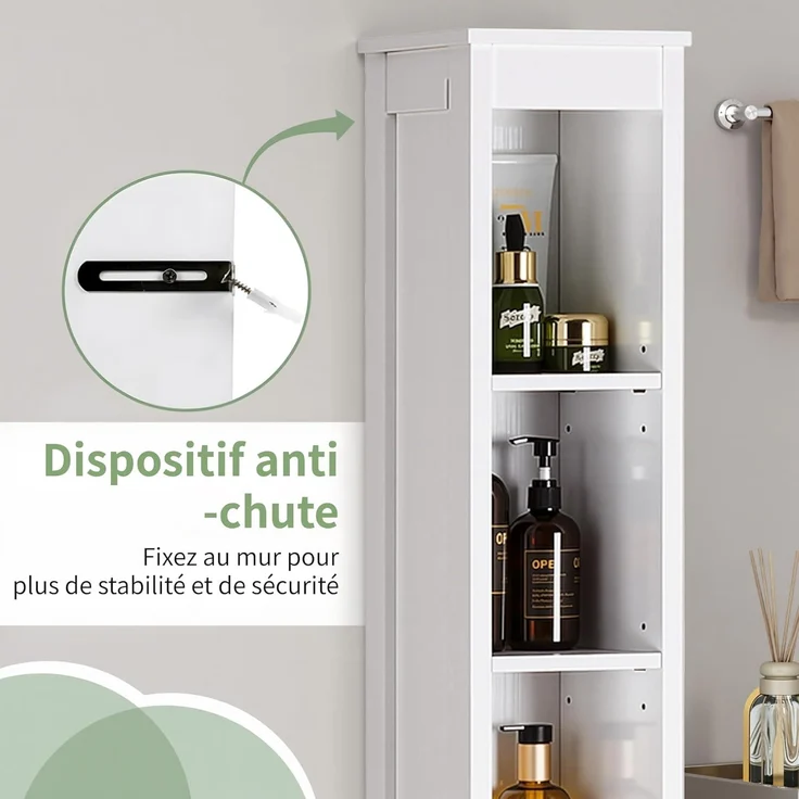 VECELO Badezimmerschrank, hoch, mit verstellbaren Regalen und offenen Fächern, mit integriertem Toilettenpapierhalter, 20 x 20 x 180 cm, Weiß – Bild 4